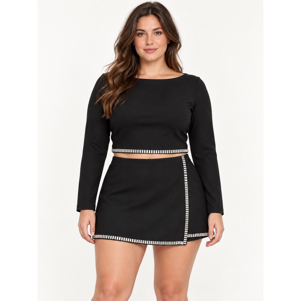 Abercrombie & Fitch Black Rhinestone Trim Crop Top and Skort Set Large